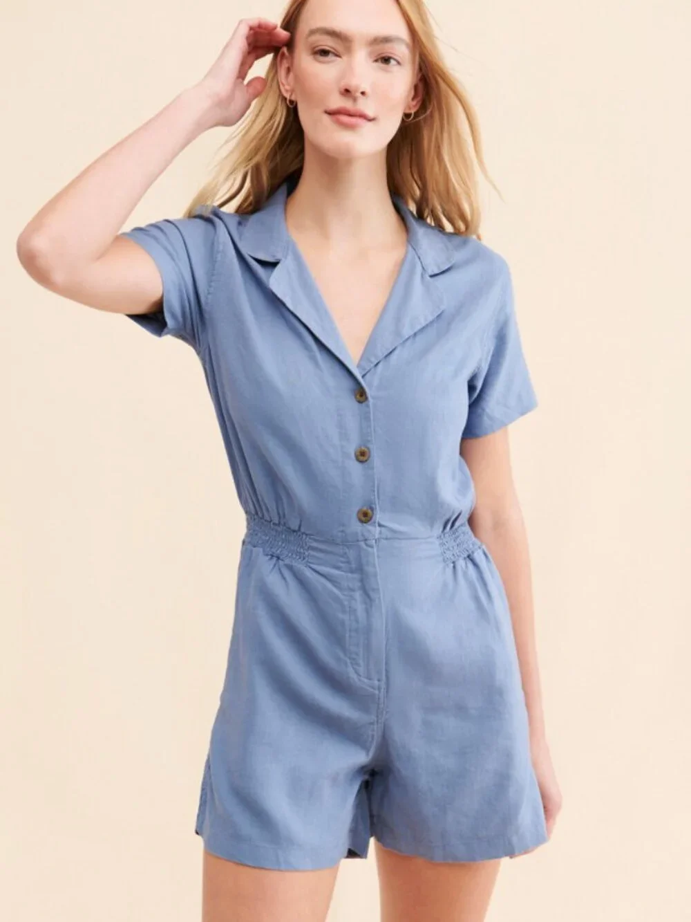 New! Onia Denim Blue Camp Collar Linen Playsuit Romper XS NWT 38620